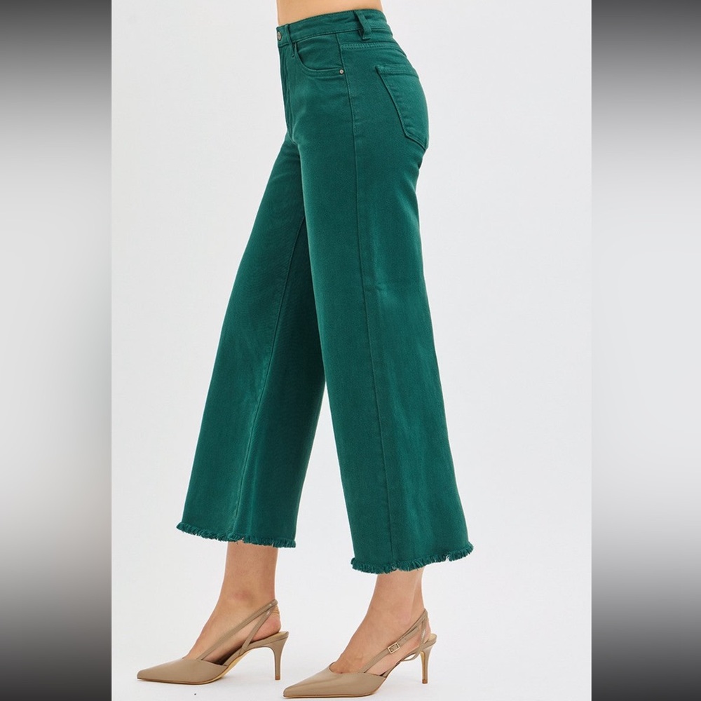 New with tags. Risen jeans. Wide leg fray hem. Tummy control. Hunter green - Picture 3 of 3